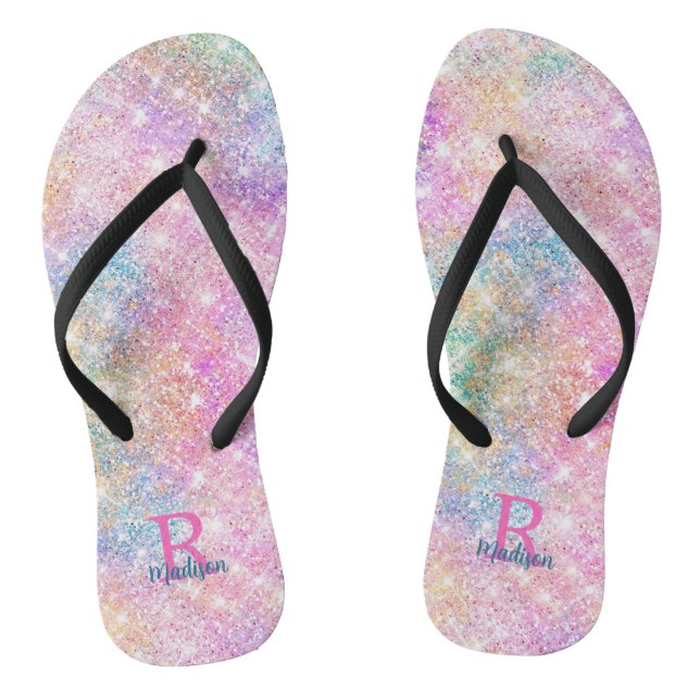 Niedliche irisierende, unicorfarbene Imitate Glitz Flip Flops (Fußbett)