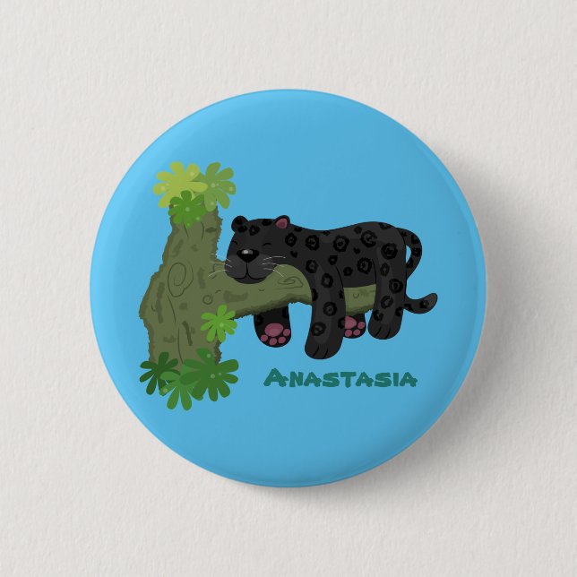 Niedliche Jaguar-Schwarzpanther-Katze-Cartoon-Abbi Button (Vorderseite)