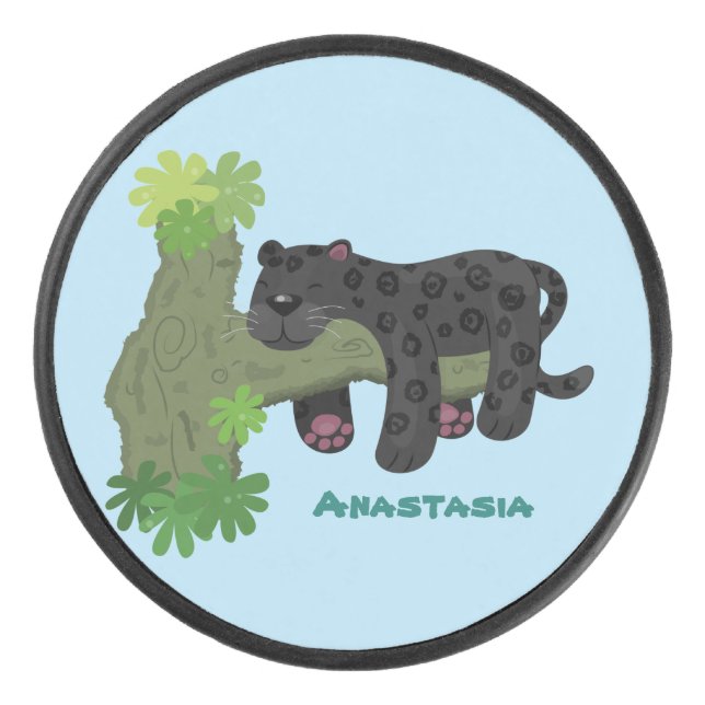 Niedliche Jaguar-Schwarzpanther-Katze-Cartoon-Abbi Eishockey Puck (Vorderseite)