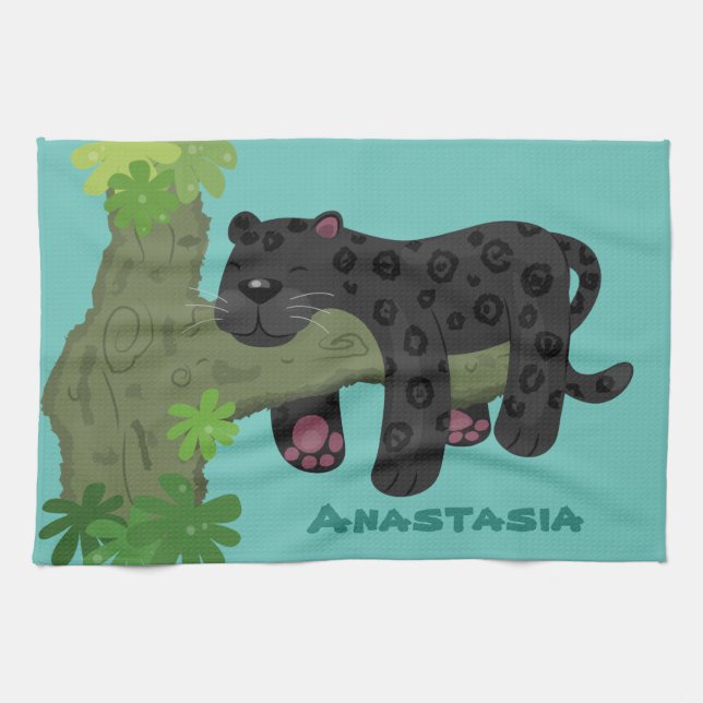 Niedliche Jaguar-Schwarzpanther-Katze-Cartoon-Abbi Geschirrtuch (Horizontal)