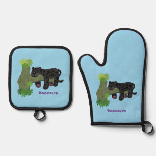 Niedliche Jaguar-Schwarzpanther-Katze-Cartoon-Abbi Ofenhandschuh & Topflappen-Set