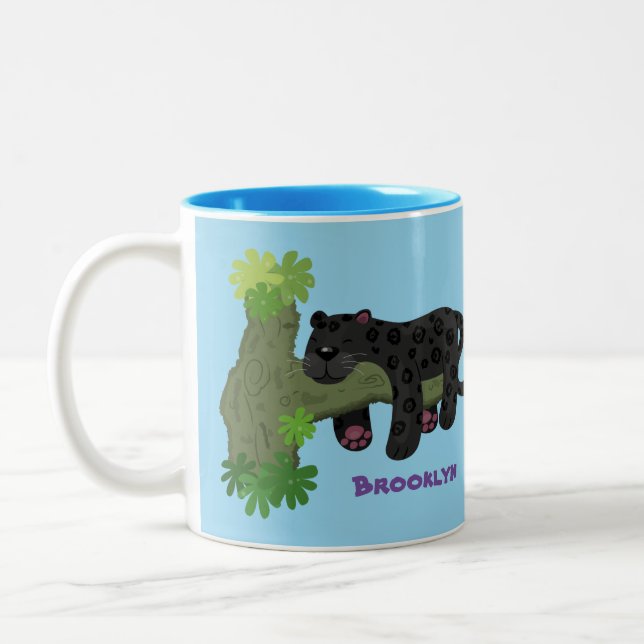 Niedliche Jaguar-Schwarzpanther-Katze-Cartoon-Abbi Zweifarbige Tasse (Links)