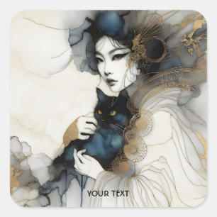 Niedliche japanische Girl Cat Quadratischer Aufkleber