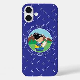 Niedliche japanische Girl Painting Landschaft Blau iPhone 16 Plus Hülle