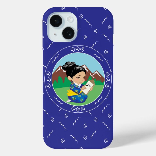 Niedliche japanische Girl Painting Landschaft Blau Case-Mate iPhone Hülle (Rückseite)