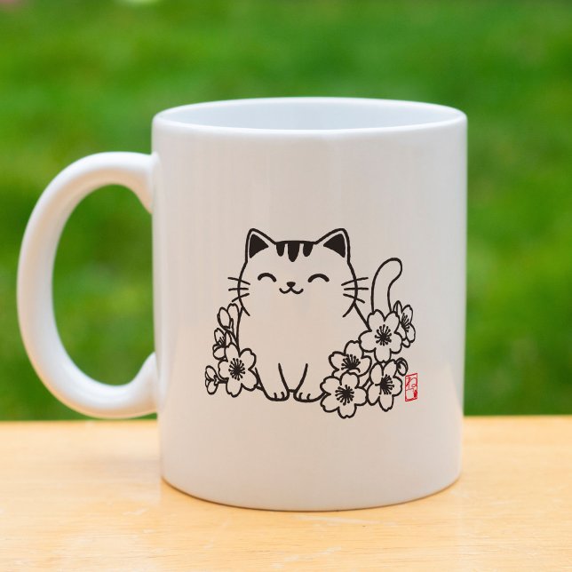 Niedliche japanische Katze und Sakura mit "Neko"-B Kaffeetasse (Von Creator hochgeladen)