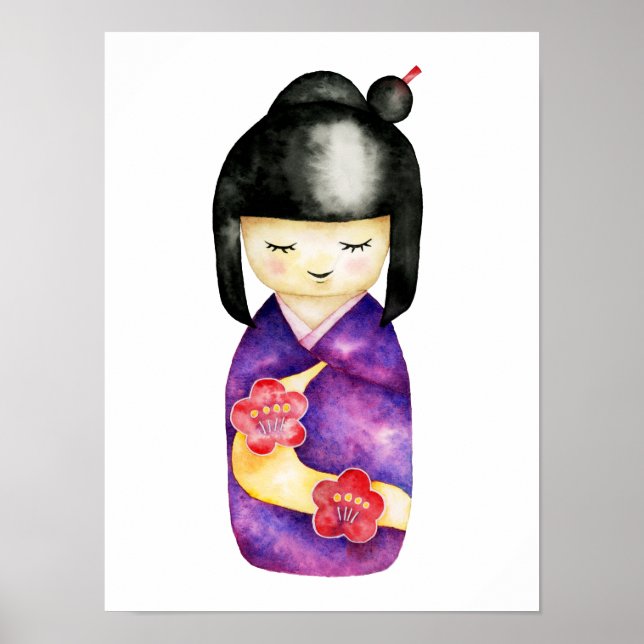 Niedliche japanische Kokeshi Doll Aquarellfärbung Poster (Vorne)