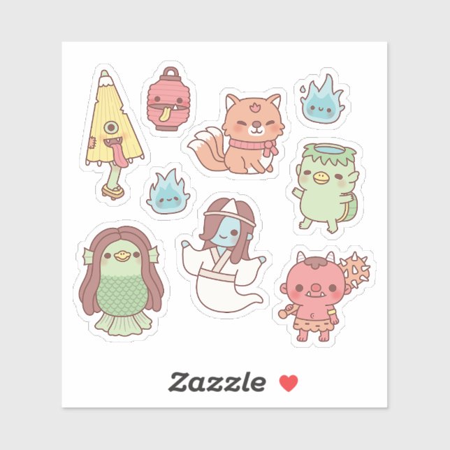 Niedliche japanische Yokai-Dämonen und -Geister Aufkleber (Blatt)