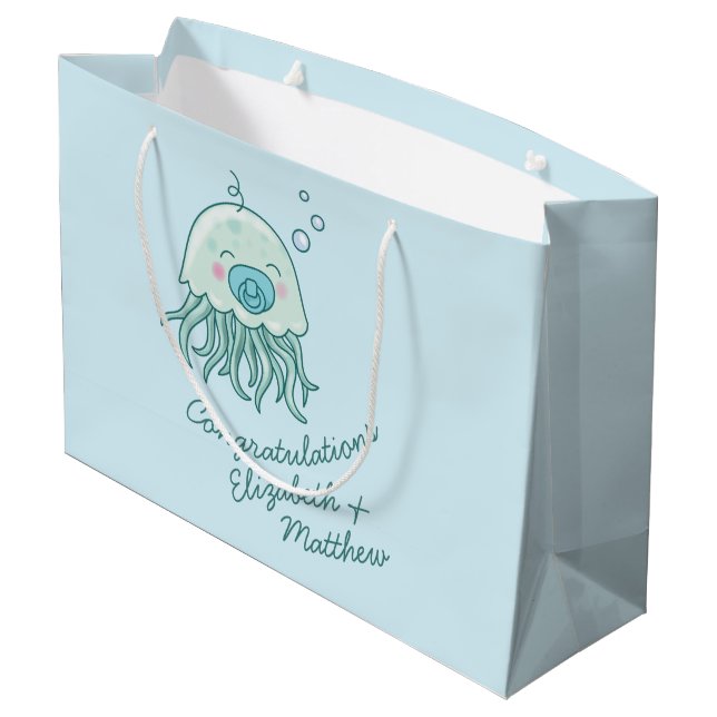 Niedliche Jellyfish Baby Dusche Kawaii Blue Boy Große Geschenktüte (Rückseite Schrägansicht)
