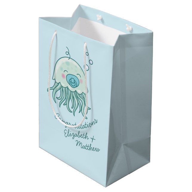 Niedliche Jellyfish Baby Dusche Kawaii Blue Boy Mittlere Geschenktüte (Rückseite Schrägansicht)
