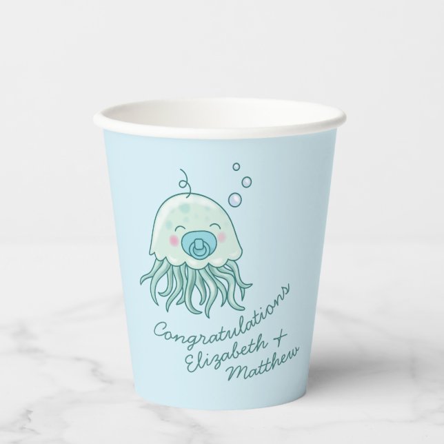 Niedliche Jellyfish Baby Dusche Kawaii Blue Boy Pappbecher (Vorderseite)
