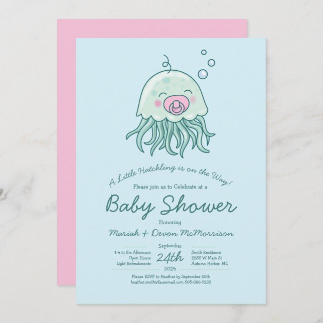 Niedliche Jellyfish Babydusche Kawaii Pink Girl Einladung (Vorne/Hinten)