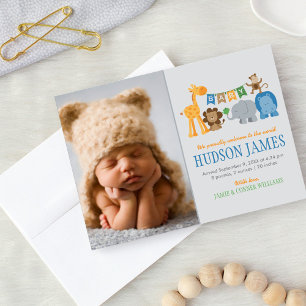 Niedliche Jungle Animals Baby Boy Blue Foto Birth Ankündigung