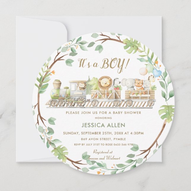 Niedliche Jungle Animals Züge Grüne Babydusche Einladung (Vorderseite)