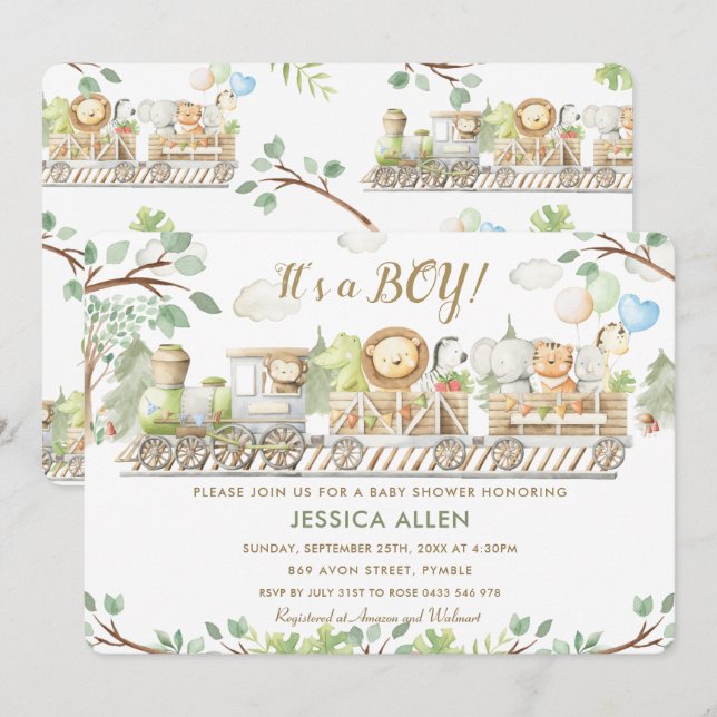 Niedliche Jungle Animals Züge Grüne Babydusche Einladung (Vorne/Hinten)