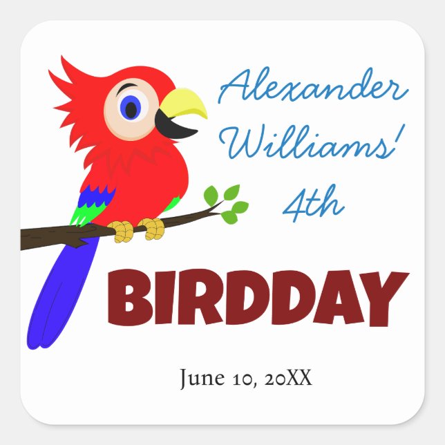 Niedliche Jungle Parrot Bird Kid's Birthday Party Quadratischer Aufkleber (Vorderseite)
