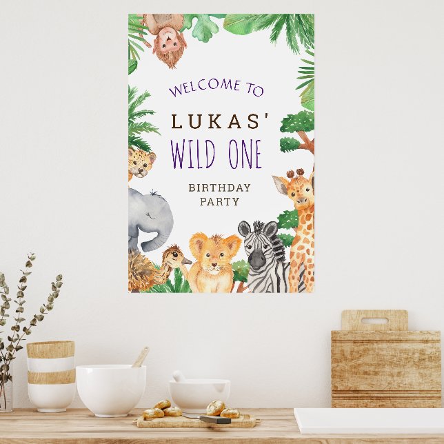 Niedliche Jungle Safari 1. Geburtstag Party Begrüß Poster (Küche)