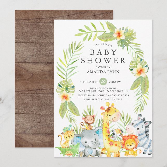 Niedliche Jungle Safari Baby Dusche Einladung (Vorne/Hinten)