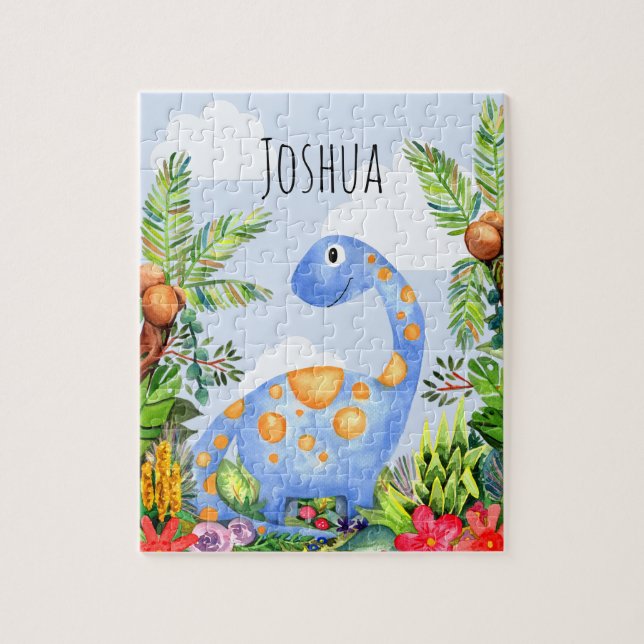 Niedliche Jungle Wasserfarbe Dinosaurier und Name  Puzzle (Vertikal)