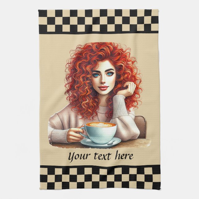 niedliche Kaffeefrau ergänzt Text Geschirrtuch (Vertikal)