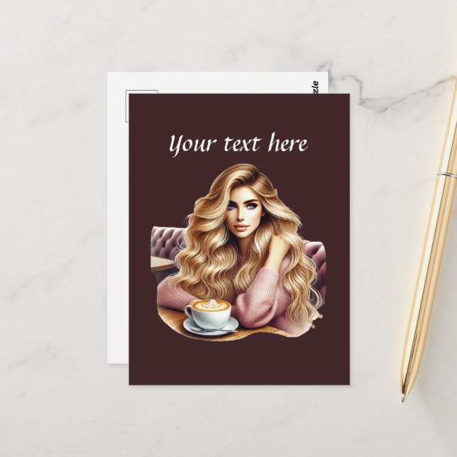 Niedliche Kaffeefrau ergänzt Text Postkarte (Vorderseite/Rückseite Beispiel)