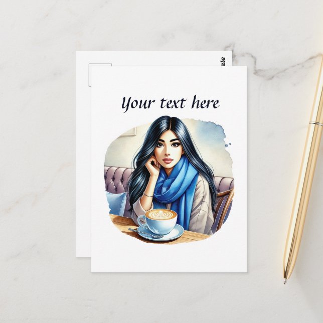 Niedliche Kaffeefrau ergänzt Text Postkarte (Vorderseite/Rückseite Beispiel)