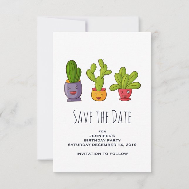 Niedliche Kaktus in Blume Pots Illustration Save The Date (Vorderseite)