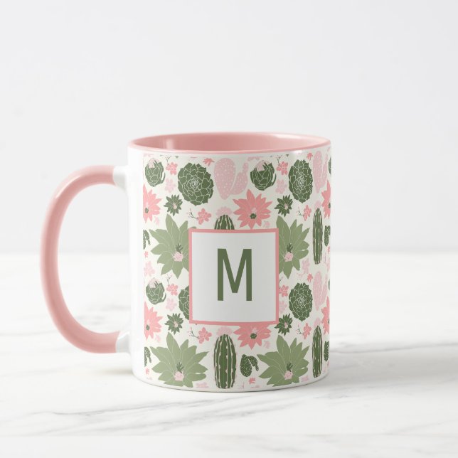 Niedliche Kaktus-Sukkulente rosa grün mit Monogram Tasse (Links)