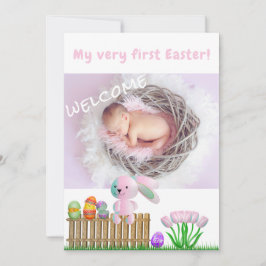 Niedliche Kaninchen Erste Osterfeier Begrüßung Fot Ankündigung