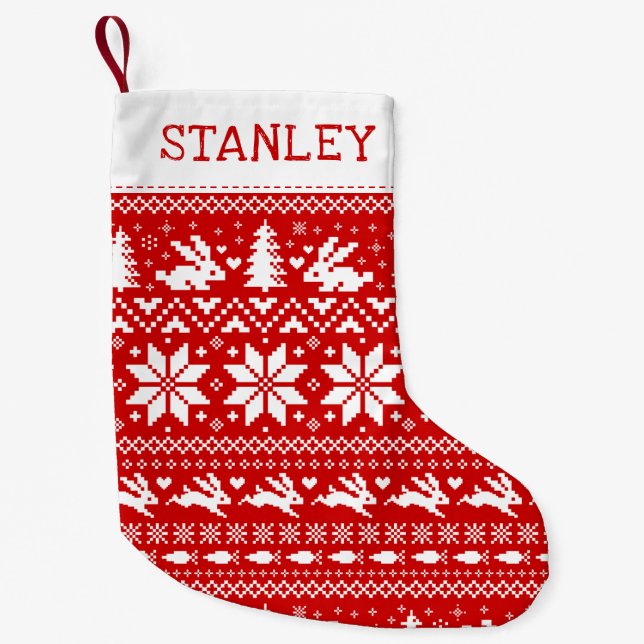 Niedliche Kaninchen Holiday Pattern Rot und Weiß Kleiner Weihnachtsstrumpf (Vorderseite)