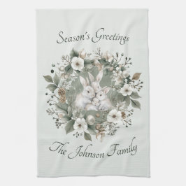 Niedliche Kaninchen im blumigen Winterkranz Geschirrtuch