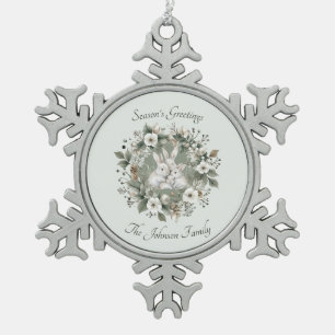 Niedliche Kaninchen im blumigen Winterkranz Schneeflocken Zinn-Ornament