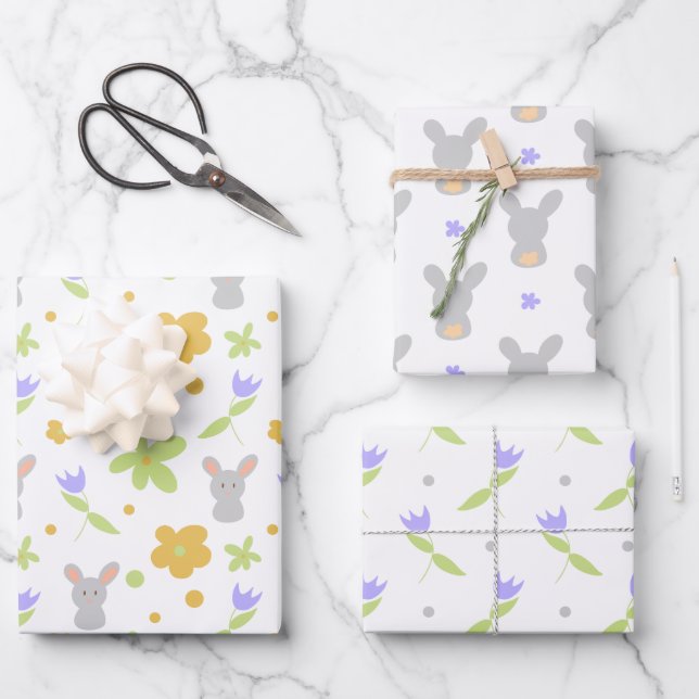 Niedliche Kaninchen Purple Blumen Geschenkpapier Set (Vorderseite)