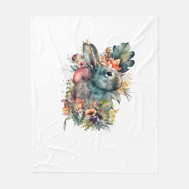 Niedliche Kaninchenfarbe mit Blume Fleecedecke (Vorderseite)