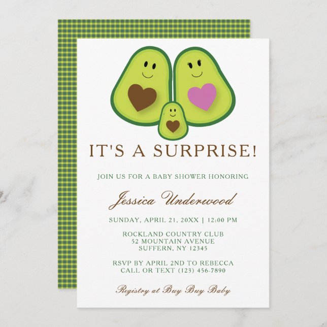 Niedliche Karierte Avocado Gender Neutral Baby Dus Einladung (Vorne/Hinten)