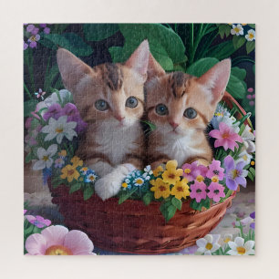 Niedliche Kätzchen in einem Blume-Korb Puzzle