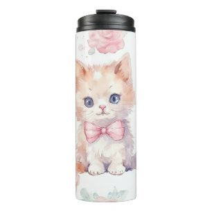 Niedliche Kätzchen mit rosa Rosen Thermosbecher