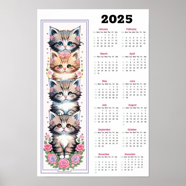 Niedliche Kätzchen und Blume 2025 Kalender Poster (Vorne)