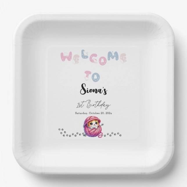 Niedliche Katze 1. Geburtstag Party Pappteller (Vorderseite)