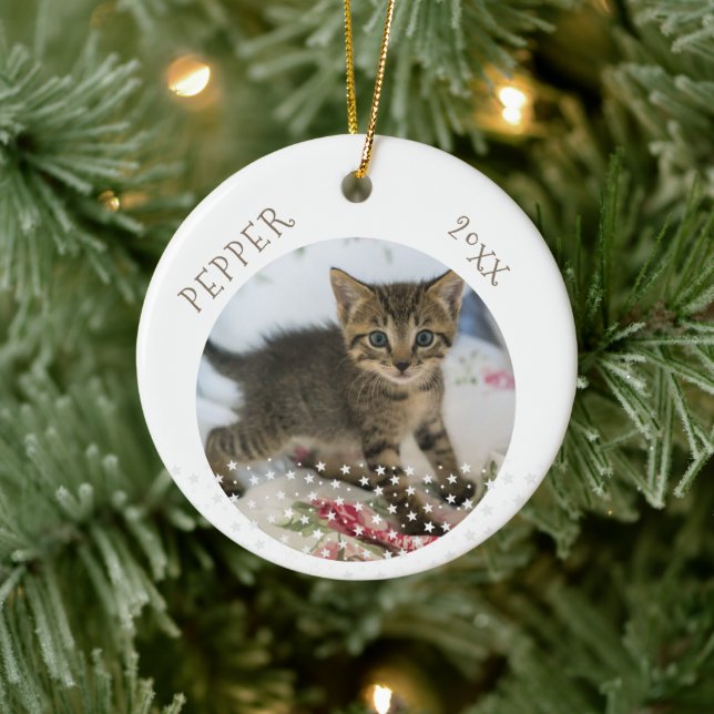 Niedliche Katze 2 Fotos Star Muster Weihnachten Keramik Ornament (Baum)