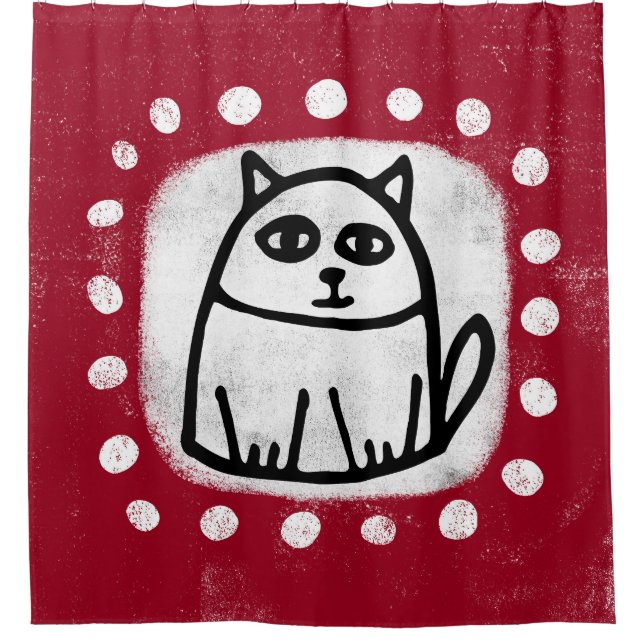 Niedliche Katze am Roten Duschvorhang (Vorderseite)