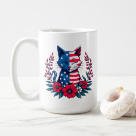 Niedliche Katze Amerikanische Flagge und Rote Blum Kaffeetasse