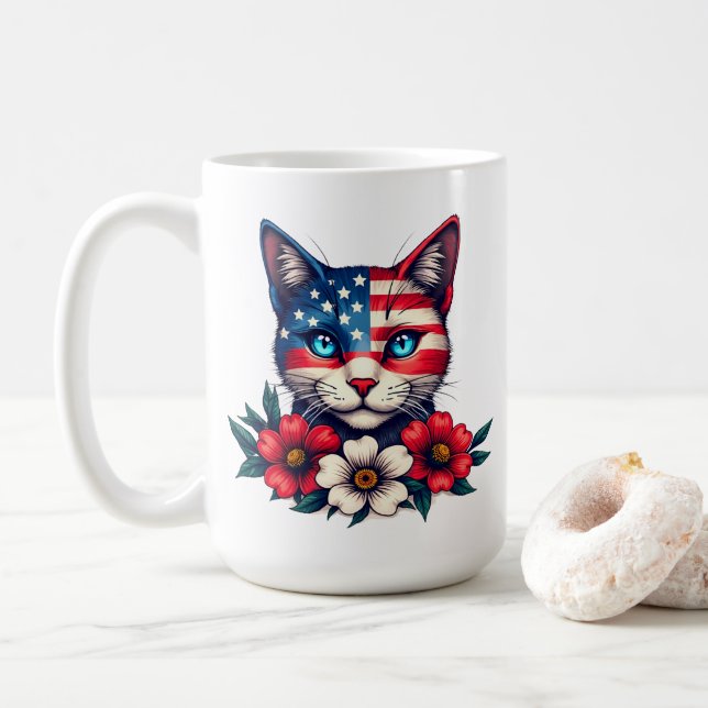 Niedliche Katze Amerikanische Flagge und Rote Blum Kaffeetasse (Mit Donut)
