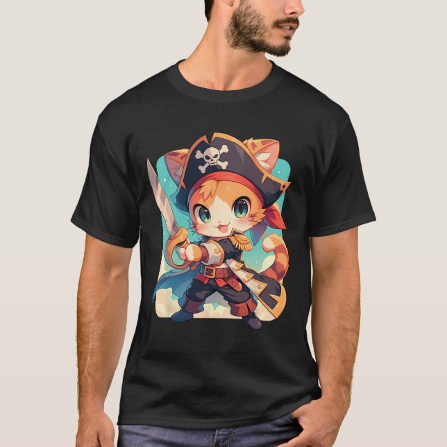 Niedliche Katze as Pirate Kawaii Anime T-Shirt (Vorderseite)