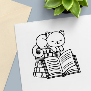 Niedliche Katze auf Bücherstapel Permastempel
