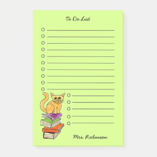 Niedliche Katze auf Buchlehrer, um Grün 4 x 6 aufz Post-it Klebezettel