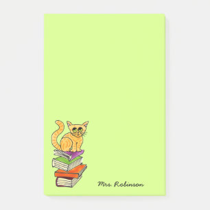 Niedliche Katze auf Buchstapler Name Grün 4 x 6 Post-it Klebezettel