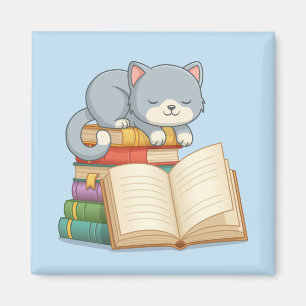 Niedliche Katze auf einem Bücherstapel Blau Magnet