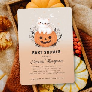Niedliche Katze auf Pumpkin Halloween Kinderdusche Einladung