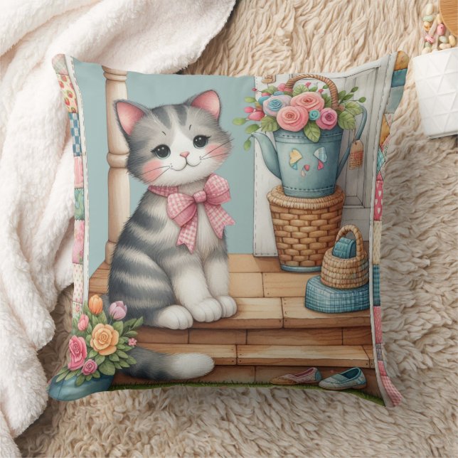 Niedliche Katze auf Veranda mit Blume & Patchwork Kissen (Decke)